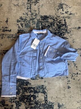 Zara Sky Blue Cropped Button-Up Shirt